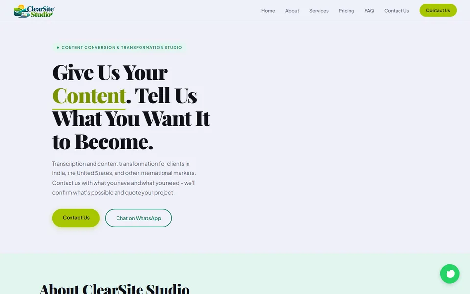 Homepage of clearsitestudio.in, ClearSite Studio's transcription and content-transformation service