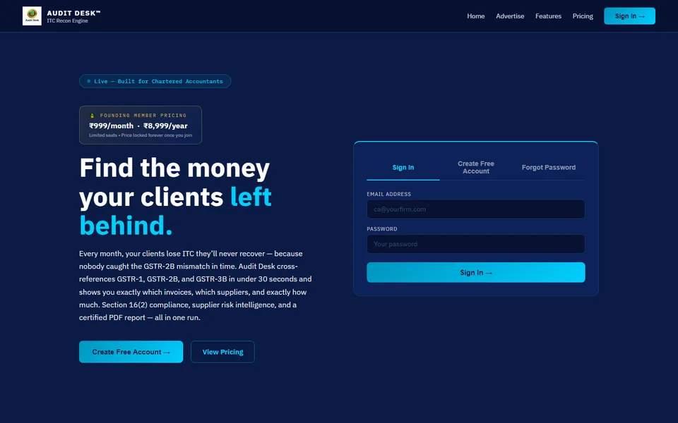 Homepage of itcrecon.in, Audit Desk's ITC reconciliation tool for chartered accountants