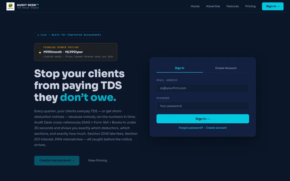 Homepage of tdsrecon.in, Audit Desk's TDS reconciliation tool for chartered accountants